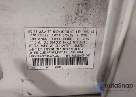 2005 Acura Tsx z USA, uszkodzony, nr VIN JH4CL96915C022382